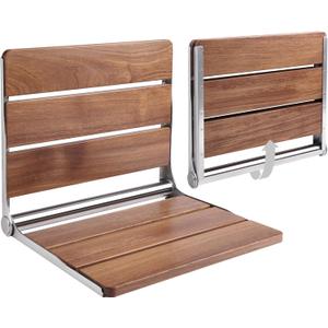 Homewell 18" Folding Shower Seat - Wall Mounted Burmese Teak Wood Shower Seat, 330lbs Capacity - Foldable Shower Chair for Extra Comfort, Seniors, Pregnant & Multi-Purpose Use (Stainless Steel)