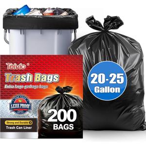 Teivio Black Trash Bags 20-25 Gallon 200 Count | Large Multipurpose | Fit 15,16,18,20,21,23,25 gallon Garbage Bin Liner | Kitchen | Lawn And Leaf Bags Outdoor Yard Waste Bag | Workshops Trash