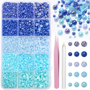 15000 Pcs Blue Flatback Pearls for Crafting, Assorted Size 3/4/ 6mm Half Pearls Bedazzling ABS Pearl Beads Gems for Nails Art DIY Crafts Face Makeup with Pickup Pencil Tweezer