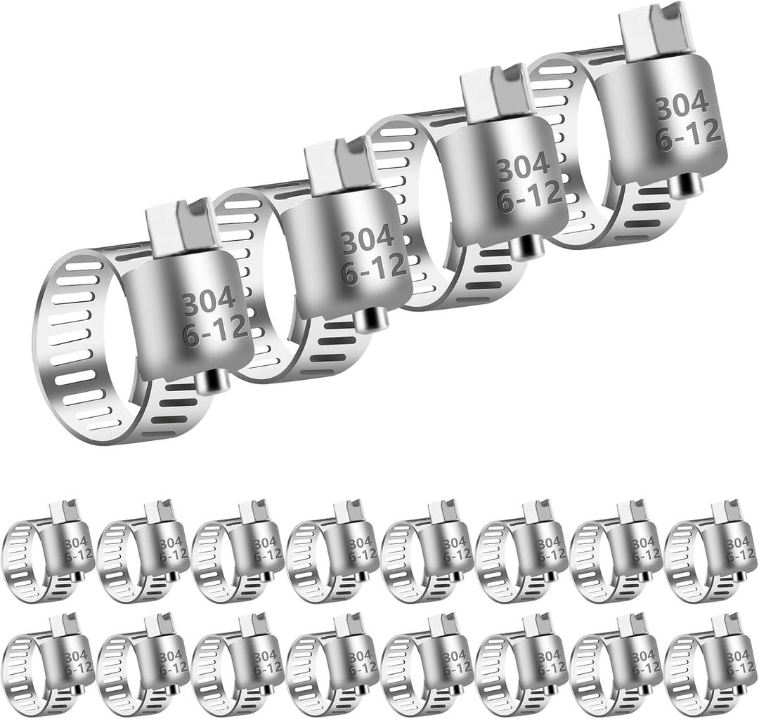 Stainless Steel Hose Clamps Assortment Kit, 20Pcs 1/4-7/16 in (6-12mm) Adjustable Worm Gear Pipe Fuel Line Hose Clamps Heavy Duty for Plumbing, Automotive