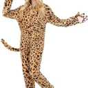 Kicpot Leopard Onesie Costume for Adults Hooded Cheetah Jumpsuit One‑Piece Animal Halloween Cosplay, L