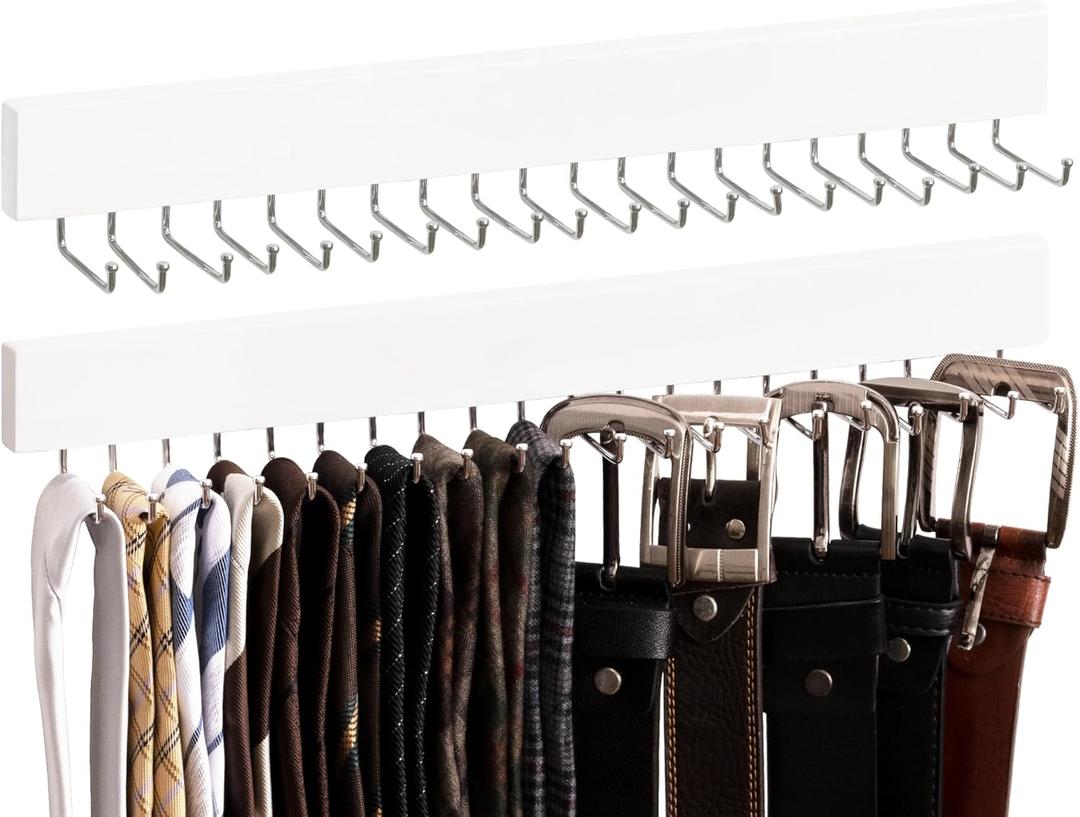 StorageWorks Tie Rack with 20 Hooks, 2-Pack Wall-Mounted Wooden Hangers for Neckties, Belts, Hats, White StorageWorks Tie Rack with 20 Hooks, 2-Pack Wall-Mounted Wooden Hangers for Neckties, Belts, Hats, White