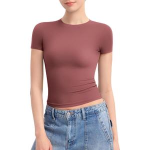 PUMIEY Women's Crew Neck Short Sleeve Tops Double Lined Slim Fit T Shirts Basic Tee Smoke Cloud Pro Collection (Large)