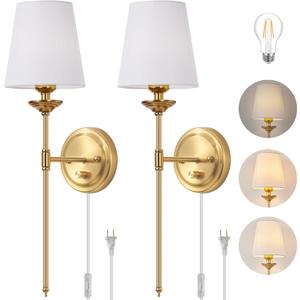 Dimmable Plug in Wall Sconces Set of 2, Gold Bedside Wall Lamp with Knob Dimmer Switch and 6.5FT Electric Cord, Mid Century Modern Bathroom Wall Light Fixture for Bedroom Living Room