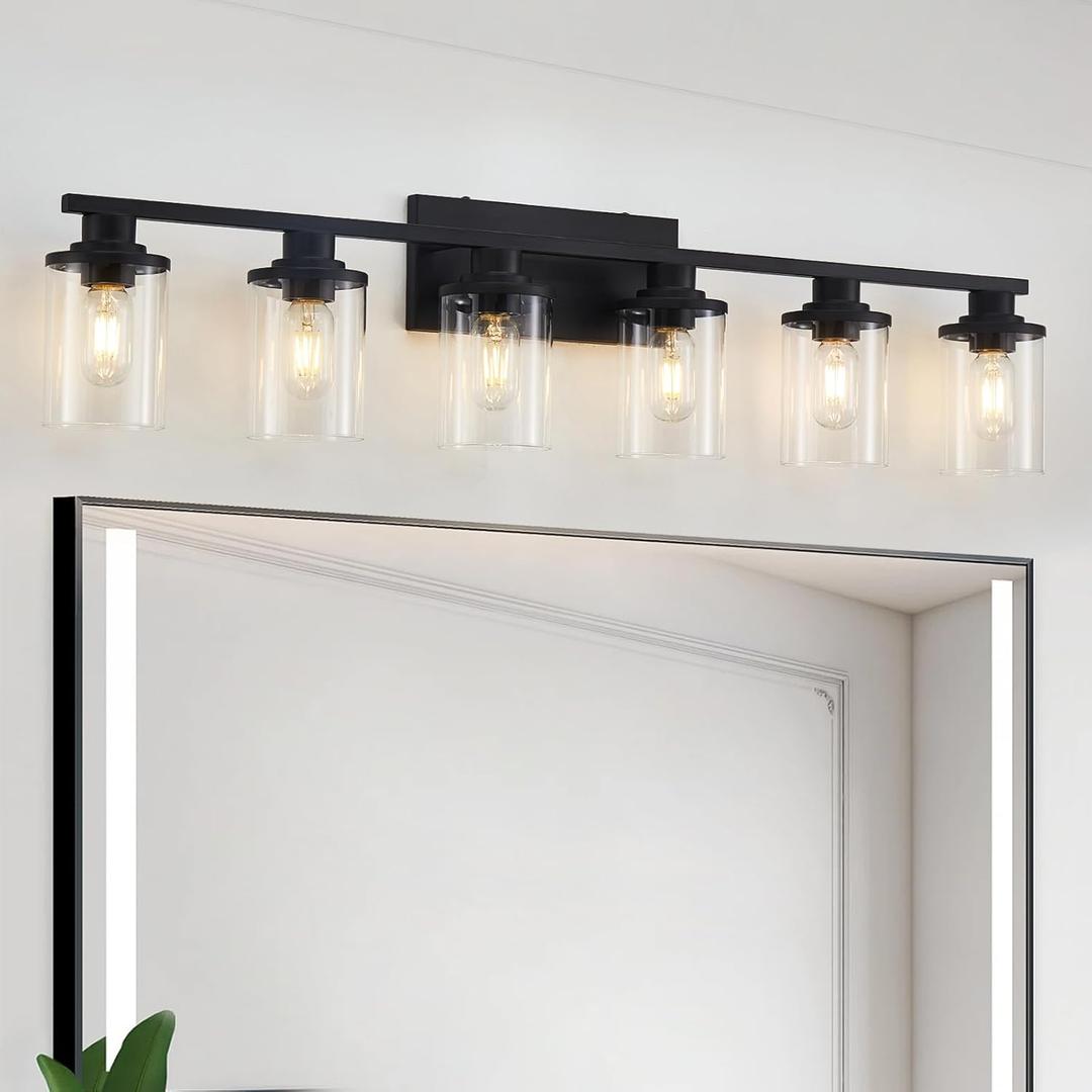 stambord 6 Light Matte Black Bathroom Vanity Light Fixtures with Clear Glass and Metal Base, Black Vanity Lights for Bathroom Over Mirror