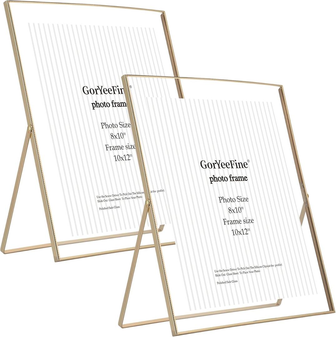 Gold 10x12'' Floating Frame 2pack For Photo Sizes(8.5x11'',8x10'',7x9''),Beautiful Metal Beaded Edge 8x10'' floating picture Frames, Adjustable Tabletop/Shelf Photo Frame