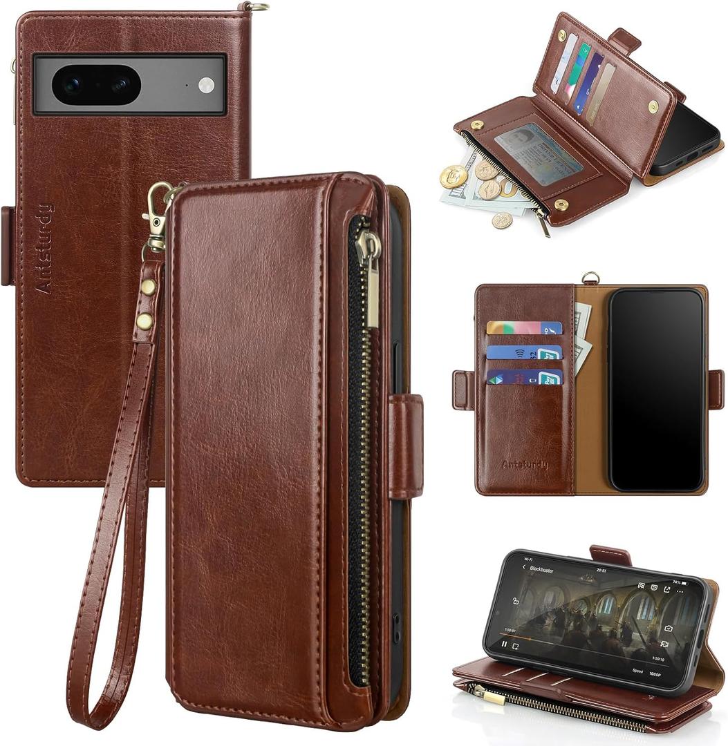 Antsturdy Compatible with Google Pixel 7a Case Wallet with Card Holder Women Men Phone Case RFID Blocking PU Leather Kickstand Flip Protective Cover Wrist Strap Zipper Credit Card Slots,Brown