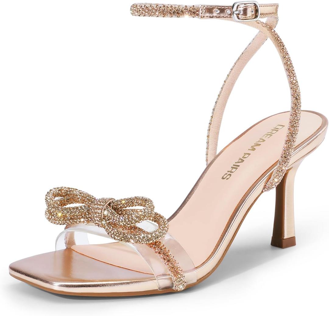 DREAM PAIRS Women's Double Bowknots Heels Open Square Toe Ankle Strap Crystal Rhinestone Dress Sandals for Party Wedding (9, Champagne-pu)