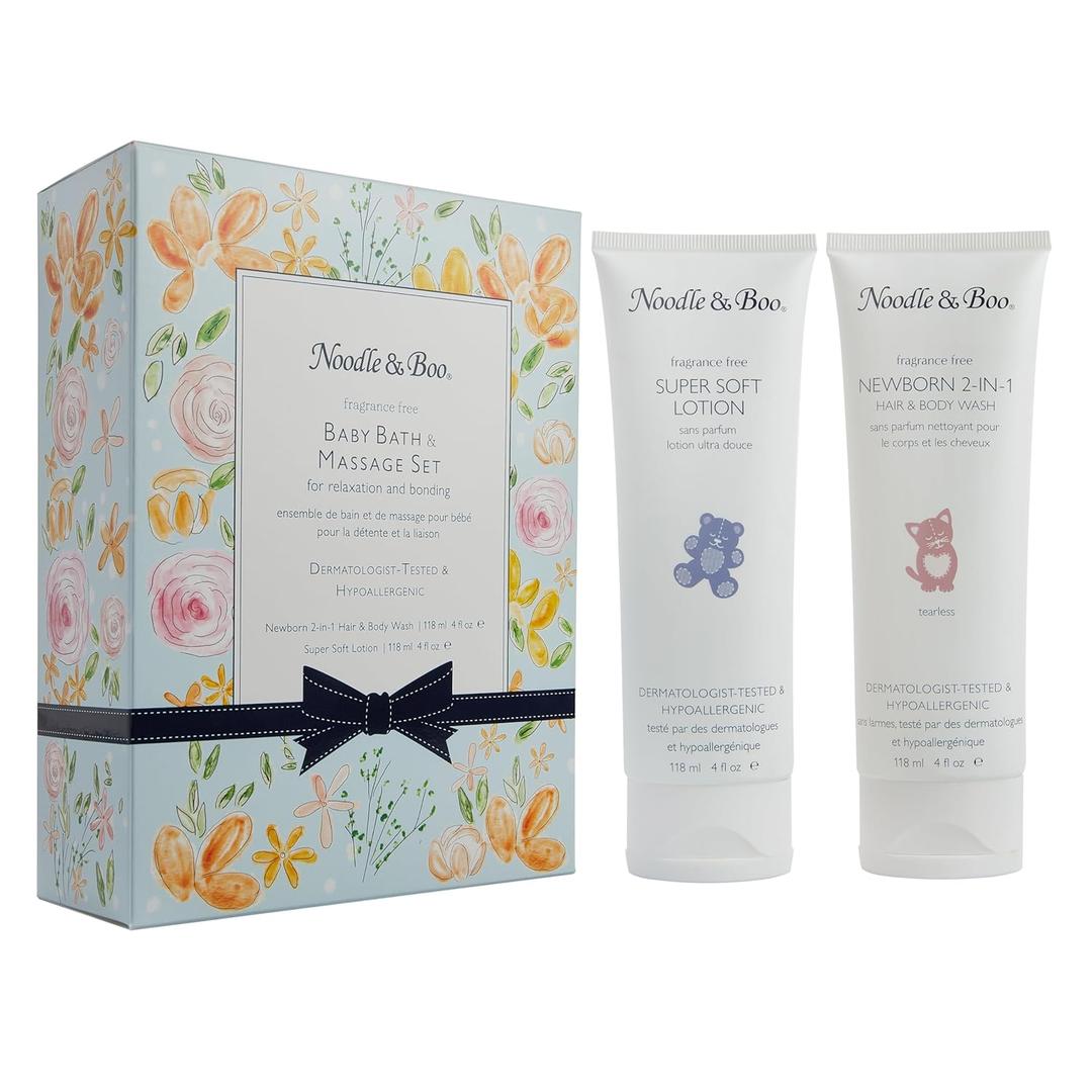 Noodle & Boo Baby Bath & Massage Gift Set  Includes 4 oz Newborn Hair & Body Wash & Super Soft Lotion, Hypoallergenic, Pediatrician-Tested, Dermatologist-Tested for Delicate and Sensitive Baby Skin (Blue Flower Bouquet)