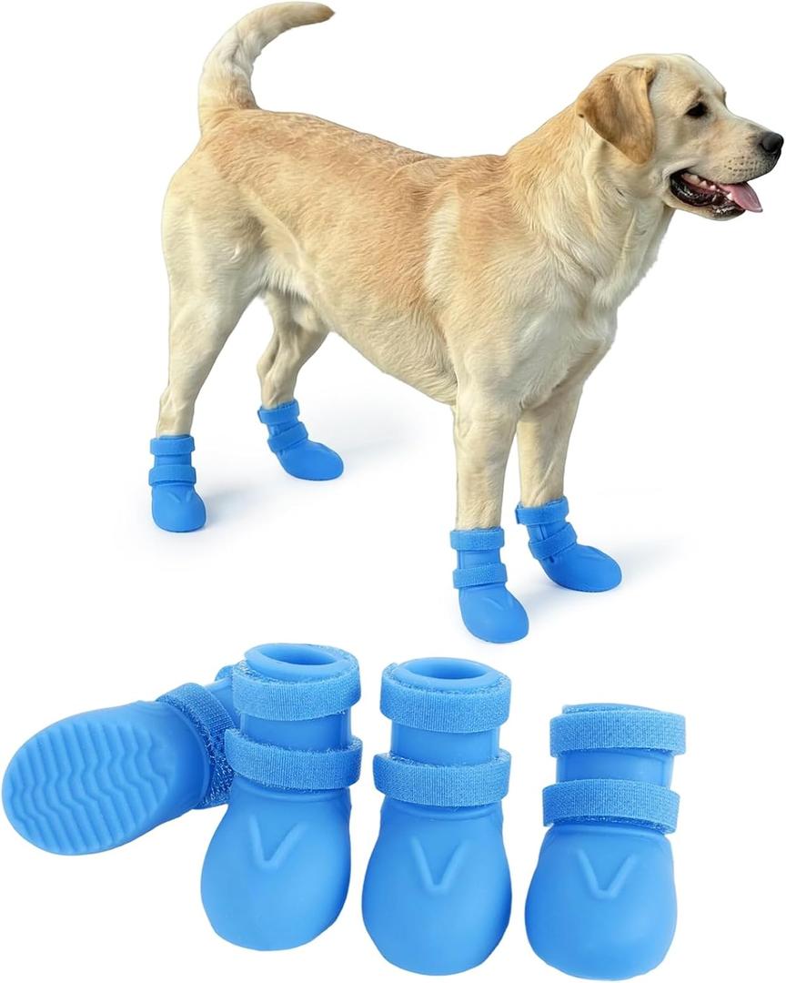 Waterproof Silicone Dog Shoes for Small Medium & Large Dogs, 4 PCS Non Slip Dog Rain Boots with Adjustable Magic Tapes, Paw Protectors Dog Boots for Hot Pavement, Beach, Rain, Hiking(Blue, M)