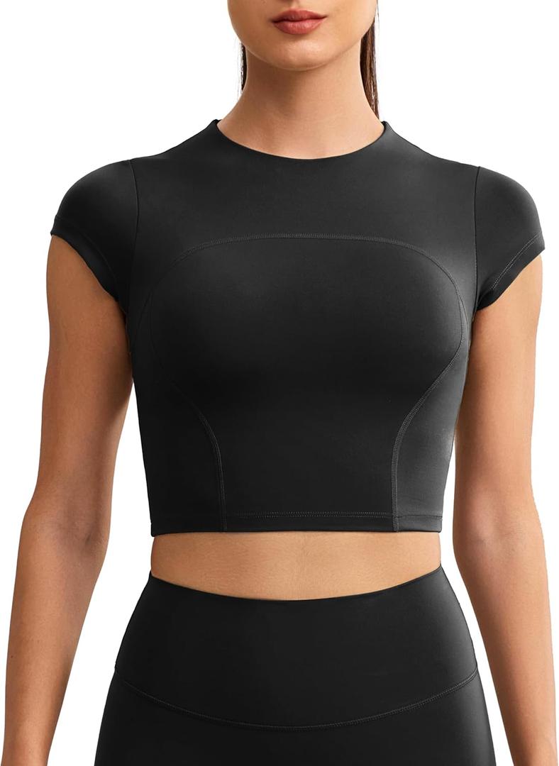 Workout Crop Tops for Women Yoga Short Sleeve Mild Support Slim Fit Cropped Athletic Shirts Gym Tee Built in Bra (Small, Black)