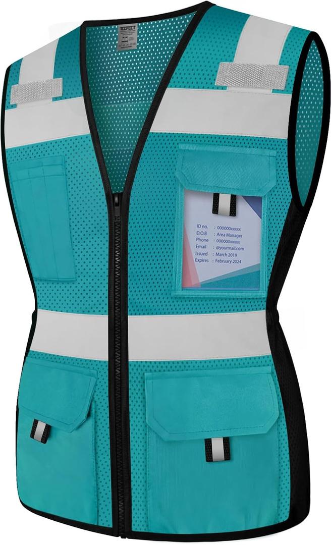 TCCFCCT Safety Vest for Women 11 Pockets Mesh Reflective Vest with Zipper, High Visibility Neon Construction Work Vest for Lady Workers/Drivers, Snug-Fit & Durable, ANSI Compliant, Malachite Blue M