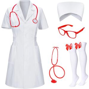 TOKYO REVENGERS Women 5Pcs Halloween Nurse Costume Set Doctor Outfit Lab Coat Nurse Hat Cosplay Party Costume Accessories (XX-Large, White)