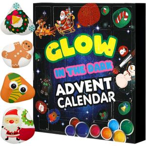 Soulchen 2025 Christmas Craft Advent Calendar for Kids Painting Kit Glow in The Dark Christmas Countdown Rock Crafts Kits with 24 Surprises DIY Painting Supplies Holiday Xmas Party Favor Gifts