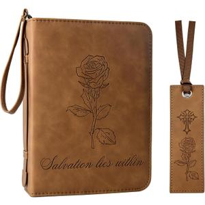 Bible Cover Case for Women, PU Leather Bible Case w/Detachable Wristlet Strap, Durable Bible Covers for Women, Waterproof Bible Cases for Woman, Debossed Floral Design