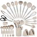 Hvygss 28 Pcs Silicone Cooking Utensils Set with Stainless Steel Handle, 446℉ Heat-Resistant Kitchen Utensils Set with Holder, Dishwasher Washable Silicone Spatula for Non-stick Cookware (Khaki)