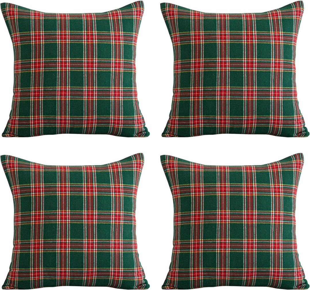 Softalker Christmas Pillow Cover 18x18 Set of 4 - Green Tartan Checkered Throw Pillow Cover, Farmhouse Buffalo Plaid Xmas Decorative Cushion Case for Couch Sofa, Christmas Holiday Decor
