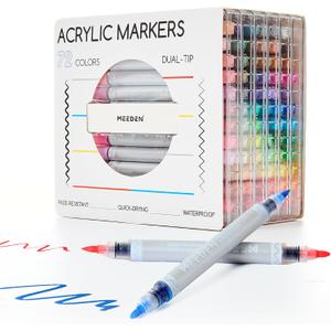 MEEDEN Artist Acrylic Paint Markers: 72 Colors Dual Tip Acrylic Marker with Brush & Round Tip - Waterproof Paint Pens Markers with Automatic Ink Control for Wood, Canvas, Glass, Rock, DIY, Ceramic