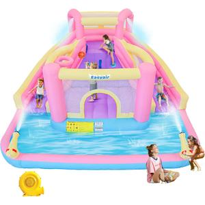 Inflatable Water Slide Bounce House for Kids, 12.1 FT x 10.3 FT Small Water Park Bouncy Castle, Double Slides, Jumper, Climbing Wall, Basketball Hoops, Included Blower, 145" L x 123.5" W x 72.8" H