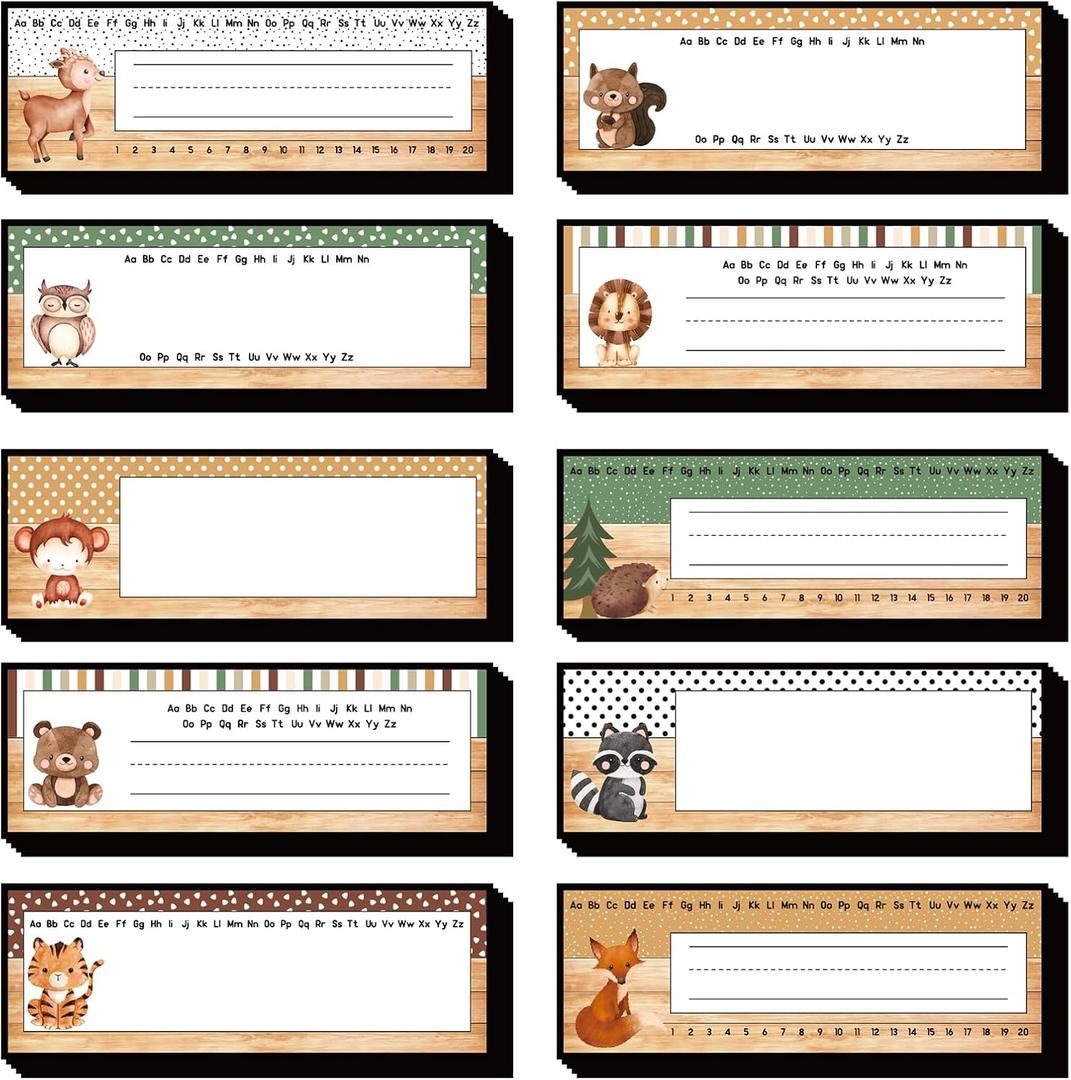 40 Pcs Woodland Friends Nameplate Woodland Animal Alphabet Name Tag Stickers Jungle Safari Forest Cartoon Back to School Self-Adhesive Name Label Decals for Students Teacher Desk Classroom