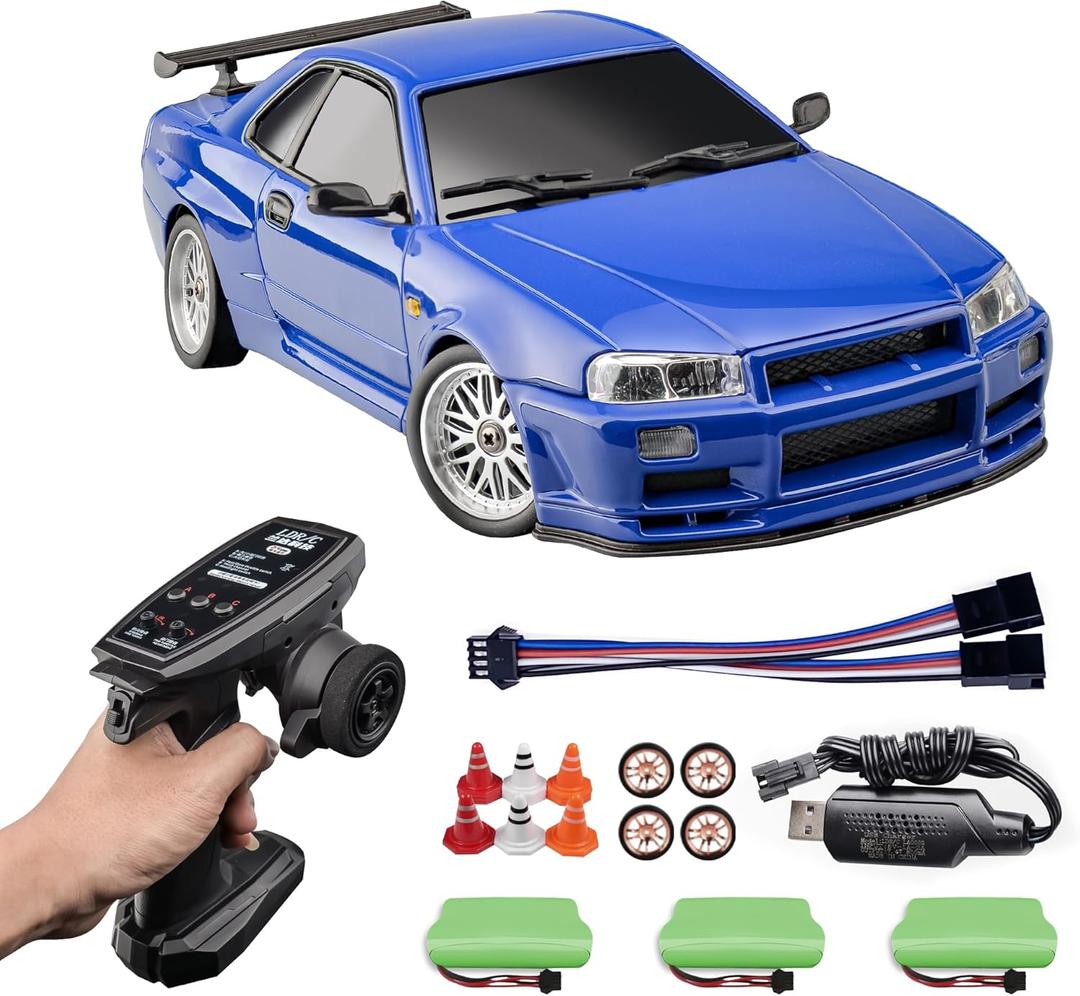 LD1899 1/18 RC Drift Car GTR R34 with 3 Upgraded 1200mah Battery 2.4GHz 150 Brushed Motor Drift RC Car Full Proportional with Gyroscope on-Road Alloy Body Shell Racing for 15+ (Blue)