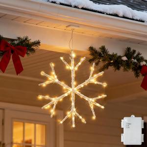 Hairui White Snowflake Lights Battery Operated with Timer 70 LED Fairy Lights 14IN for Window Christmas Decoration