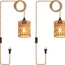 Plug in Pendant Light, Industrial Hanging Light with Plug in Cord Hemp Rope On/Off Switch Farmhouse Pendant Lamp with Plug in Cord, Vintage Hanging Lamps for Dining Room (2 PACK, Straight)
