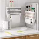 4-in-1 Wall-Mount Paper Towel Holder Plastic Wrap Foil Dispenser Kitchen Cling Film Taste Bottle Storage Rack Kitchen Accessor (Gray)