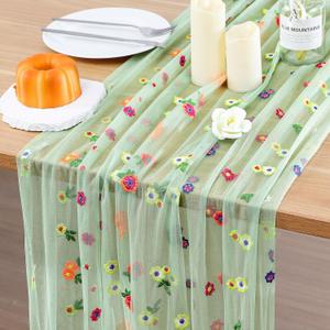 BINBE 1pcs Daisy Spring Table Runner Embroidery Gauze 10FT Florals Seasonal Tulle Holiday Birthday Kitchen Dining Table Decor for Home Party Sage Green