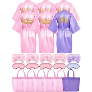 Sintuff 24 Pcs Kids Spa Party Supplies for Girls 6 Spa Party Robes 6 Tote Bags 6 Headbands 6 Eye Masks(Size 8, Purple Birthday)