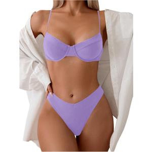 SweatyRocks Women's 2 Piece Bikini Set Spaghetti Strap High Cut Push Up Underwire Swimsuit (Purple, S)