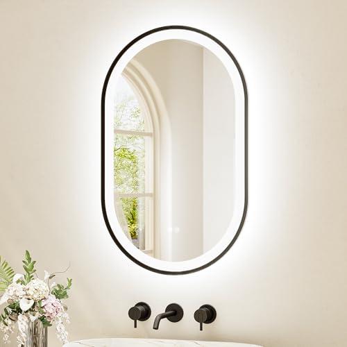 TETOTE Oval Led Lighted Bathroom Mirror Matte Black Frame 20" x 32" Front and Backlit Oval Light up Vanity Mirror with Lights, 3 Color Illuminated Dimmable Anti Fog Wall Mount, IP54 CRI 90+