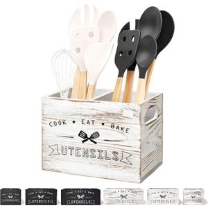 Retro White Wood Kitchen Utensil Holder - Small, Durable & Ideal for Kitchen Counter Decor Retro White 2 Compartment