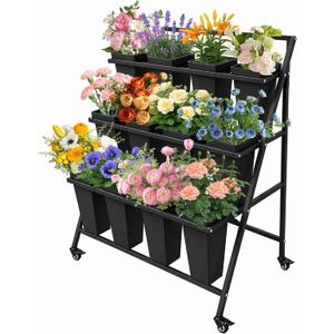 PROLEE Flower Stand with 12 Buckets, Flower Display Stand with Wheels, Flower Cart, Moving Florist Bouquet Shelf, Triangular, Black