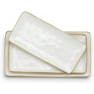 Famiware Serving Platter, Rectangular 15.67/14.1/12.6inch Serving Dishes for Entertaining, Microwave Dishwasher Safe, Stoneware Serving Trays for Party, Turkey, Cheese, Ocean Series, Vanilla White