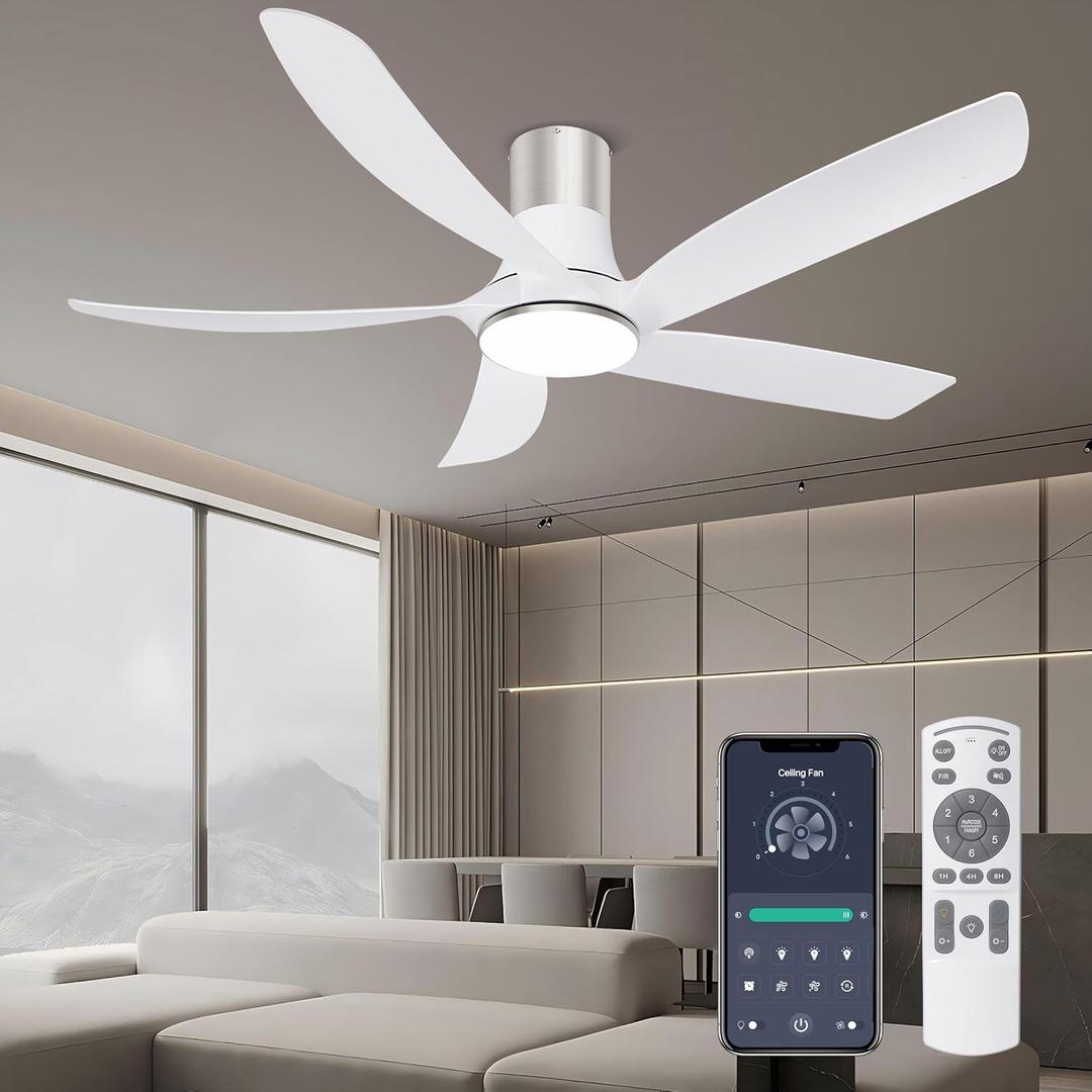 Ohniyou 58" Low Profile Ceiling Fan with Light - Remote Control Flush Mount Indoor Outdoor Ceiling Fan, Reversible DC Motor, Dimmable, Modern Ceiling Fans for Living Room Patio, White