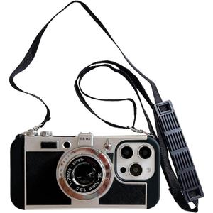 Yatchen Camera Case Compatible with iPhone 16 Pro Max, Cute 3D Vintage Camera with Lanyard Adjustable Shoulder Strap Girls Women Unique Cool Silicone PC Cover Black
