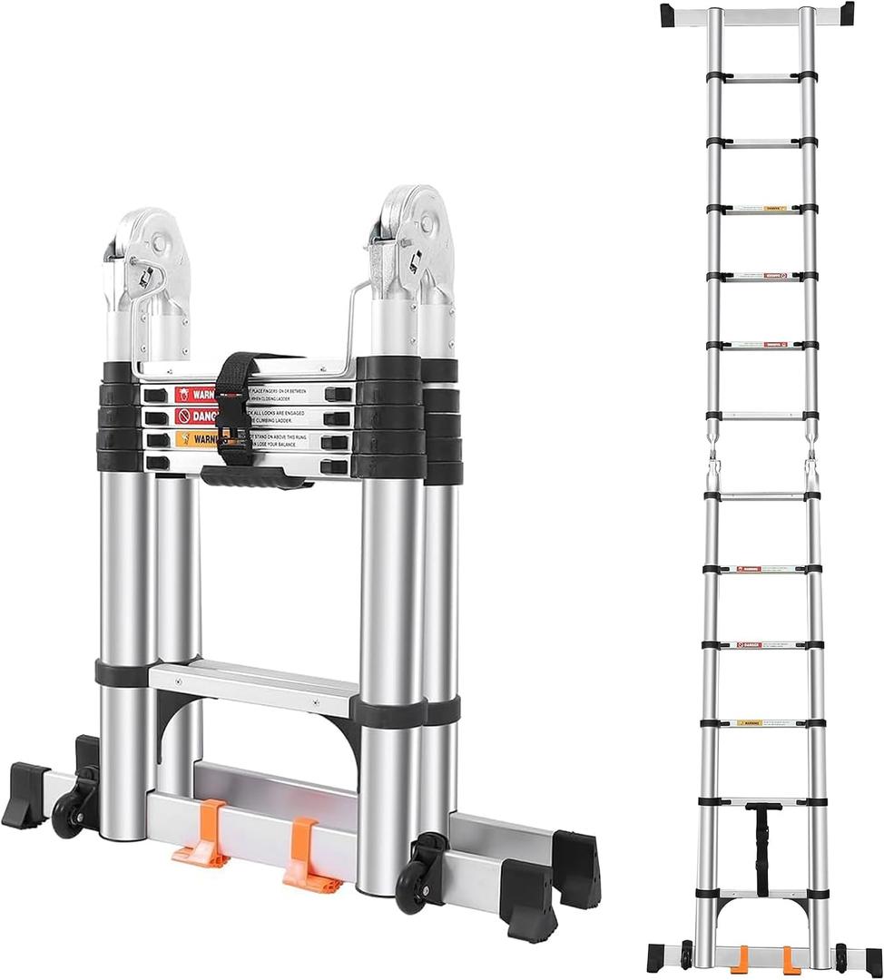 Telescoping Ladder A Frame 12.5 FT, Extension Ladder with Balance Bar & Stabilizers, Collapsible Foldable Ladder for Indoor & Outdoor & Rvs, Multi-Position Compact Ladder for Home, 330lbs Capacity