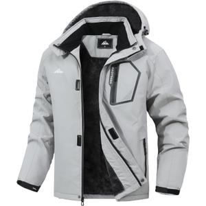 Mens Warm Ski Jacket,Waterproof Fleece Lined Hooded Outdoor Cold Weather Jacket with Multi-Pockets (Large, Light Gray)