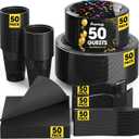 Pureegg Black Plastic Plates Set - 350 Pcs Complete Dinnerware Sets for 50 Guests, Disposable Plates, Utensils, Cups, Napkins Included, for Party, Gathering, Wedding, Daily Use
