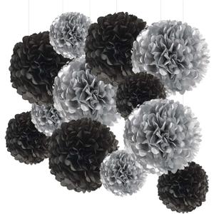 YESON Black and Silver Tissue Paper Pom Poms Hanging Tissue Flowers Poms Decorations Pack of 12 for Wedding, Birthday,Party Backdrop Decor ect. (12", 10",Tissue Paper Flowers)