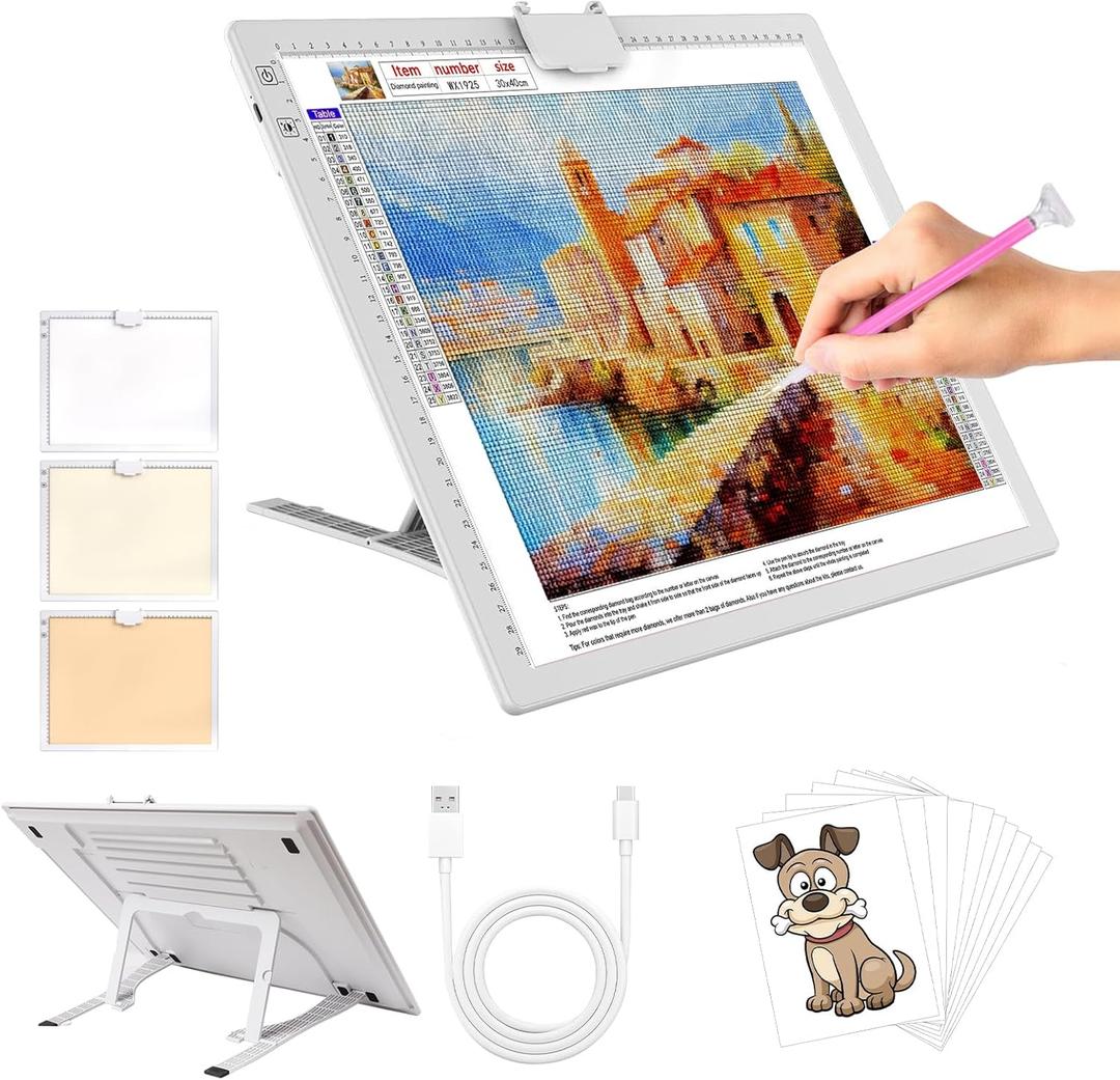 YINGWOND A3 Rechargeable LED Light Pad,Light Box for Tracing with Integrated Stand,3 Light Colors 6 Levels of Brightness and stepless dimming,Light Board for Diamond Painting,Drawing,Artists