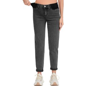 FABRACK Women's Maternity Jeans Mid-Rise Stretchy Boyfriend Jeans Under Belly Pregnancy Denim Pants with Elastic Inset Panel(Washed Black, Large)