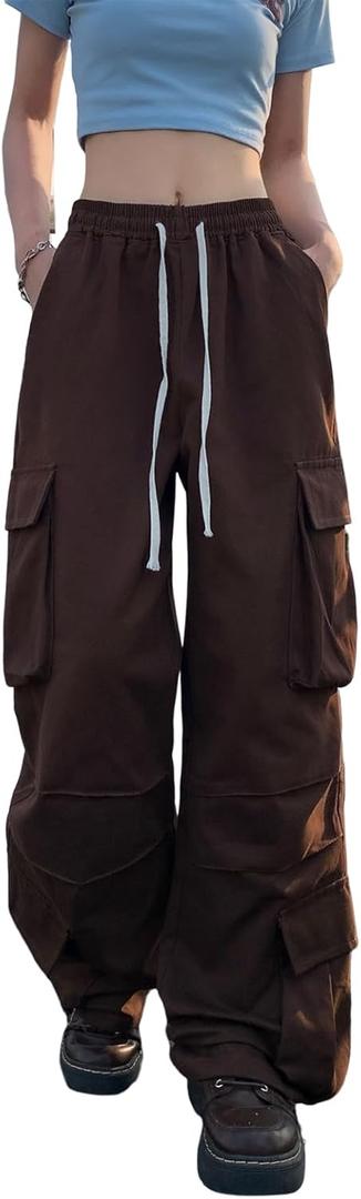 Baggy Parachute Pants for Women Straight Unisex Wide Leg Cargo Pants Elastic Waist Drawstring Harajuku Cotton Trendy (X-Small, Brown)