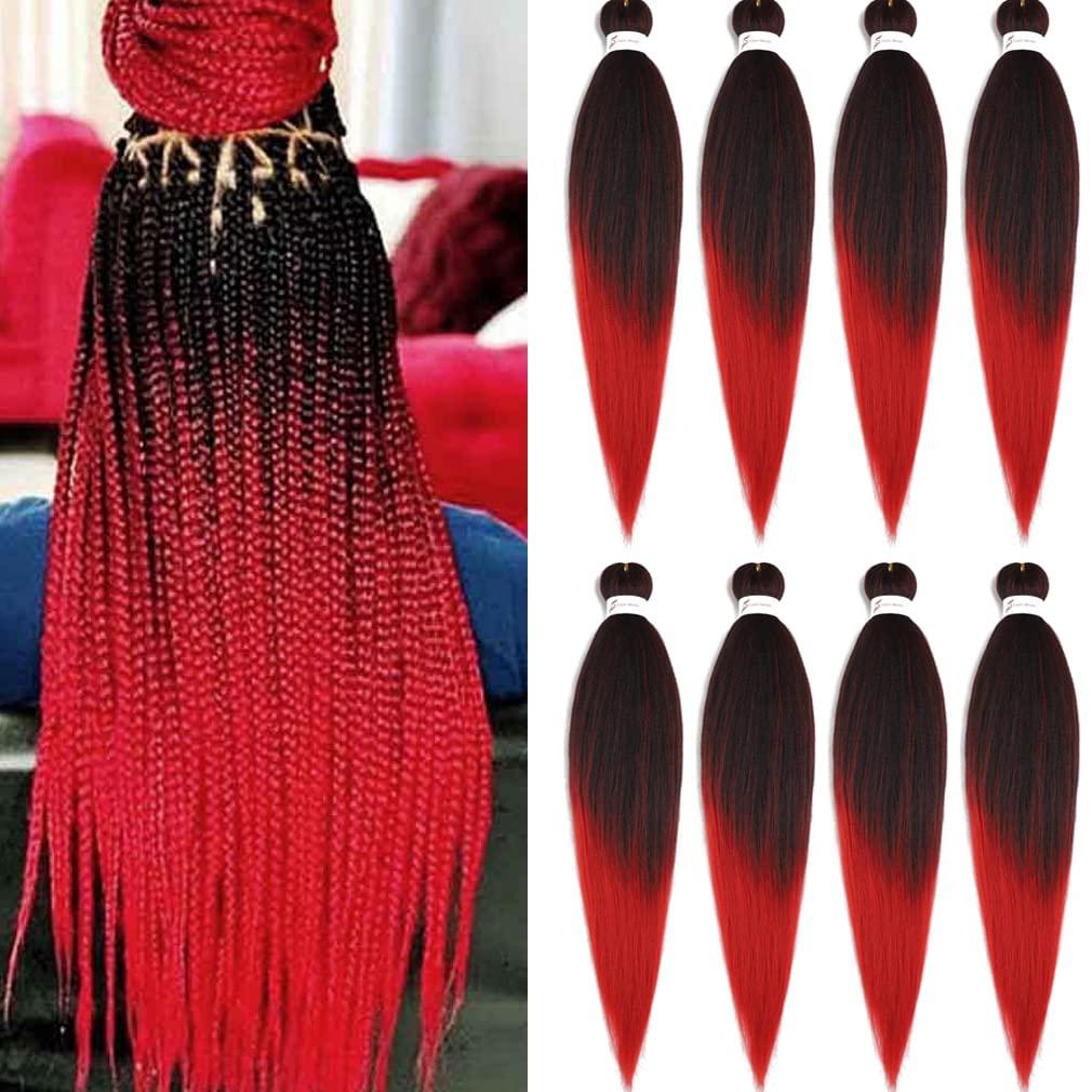 Pre Stretched Braiding Hair 26 Inch 8 Packs Professional Braiding Hair Extensions Synthetic Fiber Crochet Twist Braids Hot Water Setting Soft Yaki Texture(26",mixed black & red)