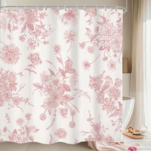 LIGHTINHOME Pink Floral Shower Curtain 72Wx84H Inches Extra Long Vintage Boho Bird Rustic Farmhouse Chinoiserie Aesthetic Cream Cloth Fabric Waterproof Polyester Bathroom Home Decor Set with Hooks