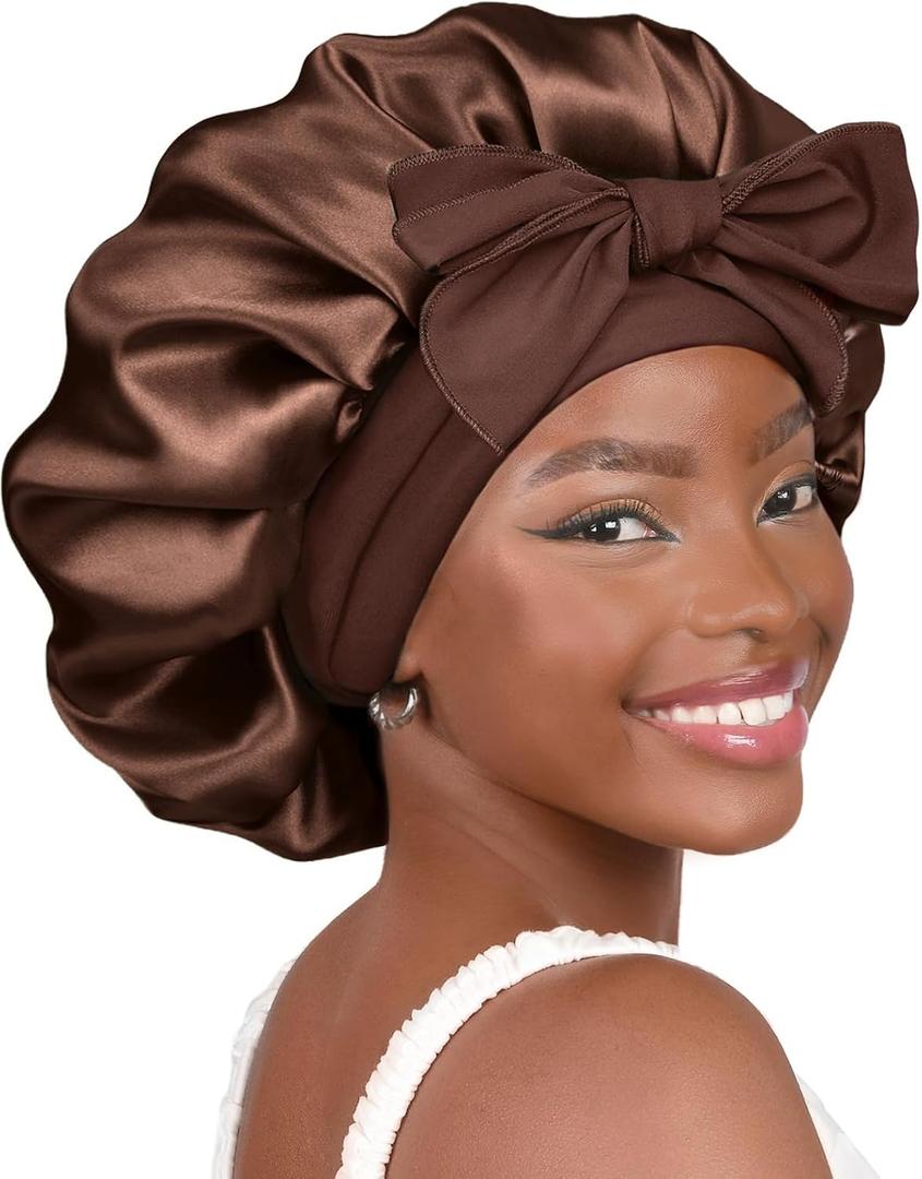 YANIBEST Adjustable Satin Bonnet for Sleeping Women Double Layer Hair Wrap Reduce Friction Prevent Frizz Natural Curly Hair (Large, Brown)