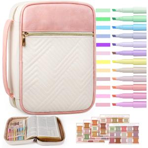 Quilted Vegan Leather Bible Cover, Color-Blocked Bible Cover Case for Women, Bible Carrying Case with Handle, Bible Study Supplies & Christian Gift for Women and Girls (White & Pink, M/L)