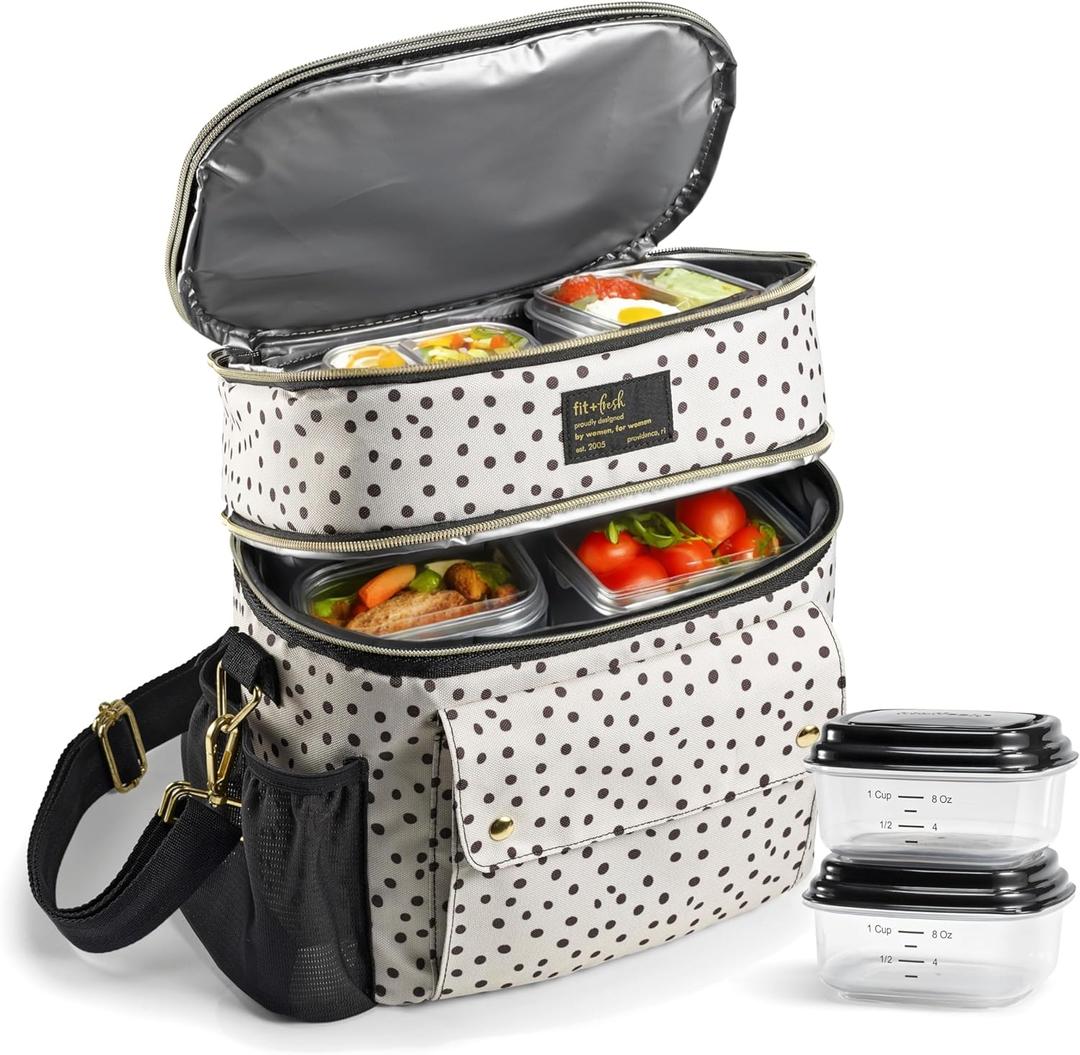 Fit & Fresh Westminster Dual-Compartment Insulated Lunch Bag for Women, Complete Lunch Set with 2 Containers, Double Deck Insulated Cooler Bag with Adjustable Strap, Black & White Polka Dots
