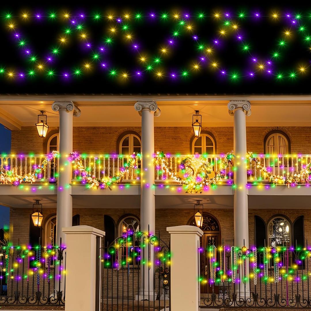 2pcs 13ft Total 26ft Mardi Gras Fence Decoration Light Solar Mardi Gras 380 LED String Light Half Round Carnival Outdoor Decor 8 Modes for Patio Garden Backyard (Purple, Green and Yellow)